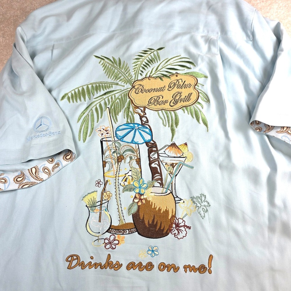 Montego Mon Shirt Mens M Blue Silk Embroidered Drinks Are On Me Hawaiian Palms